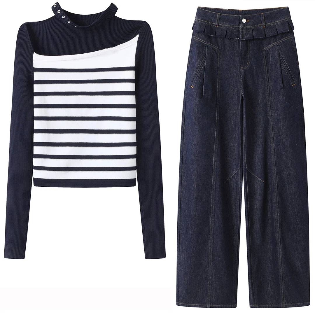 气质蓝色荷叶边腰牛仔裤秋季休闲风无弹女装做旧女高腰时尚长裤女