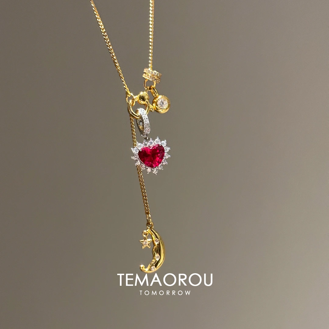 钛钢项链 复古华丽红色爱心星芒流苏吊坠项链女轻奢高级感毛衣链