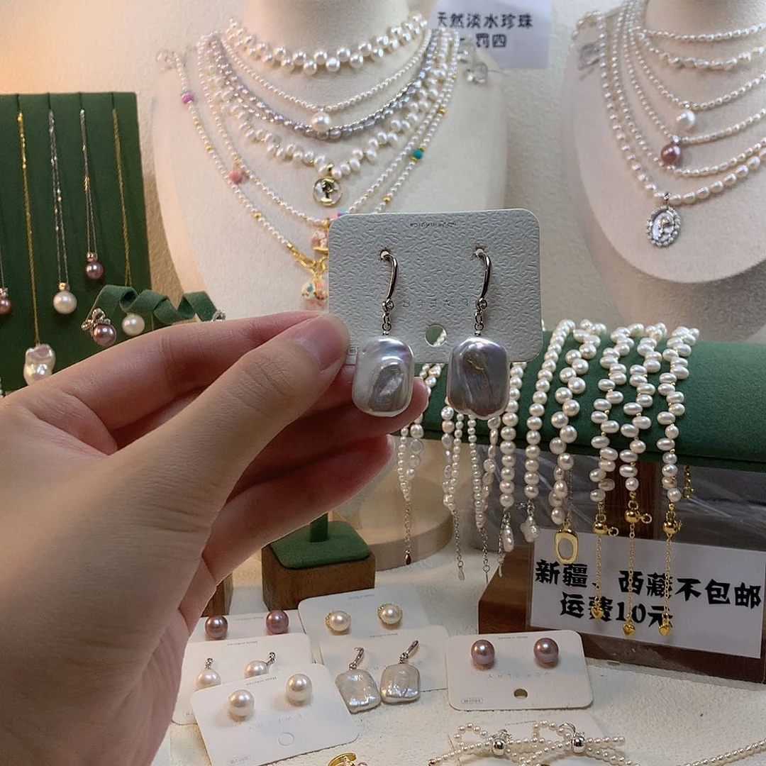 银S925镶嵌淡水珍珠方巴耳钩