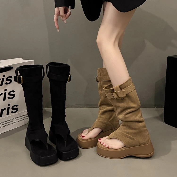 复古短靴女夏天靴子女凉靴夹趾凉鞋高跟短筒靴西部骑士靴