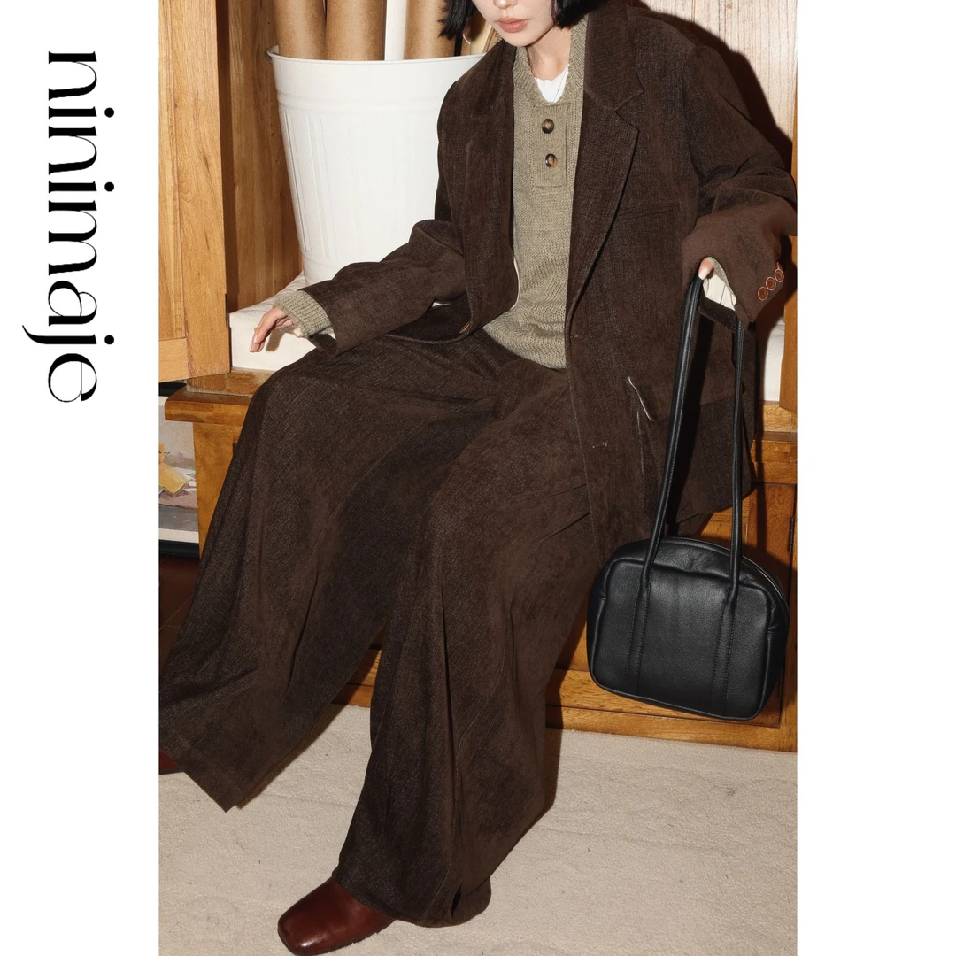 NanBeiBei 秋冬新款复古廓形水洗做旧绒面长裤 7144