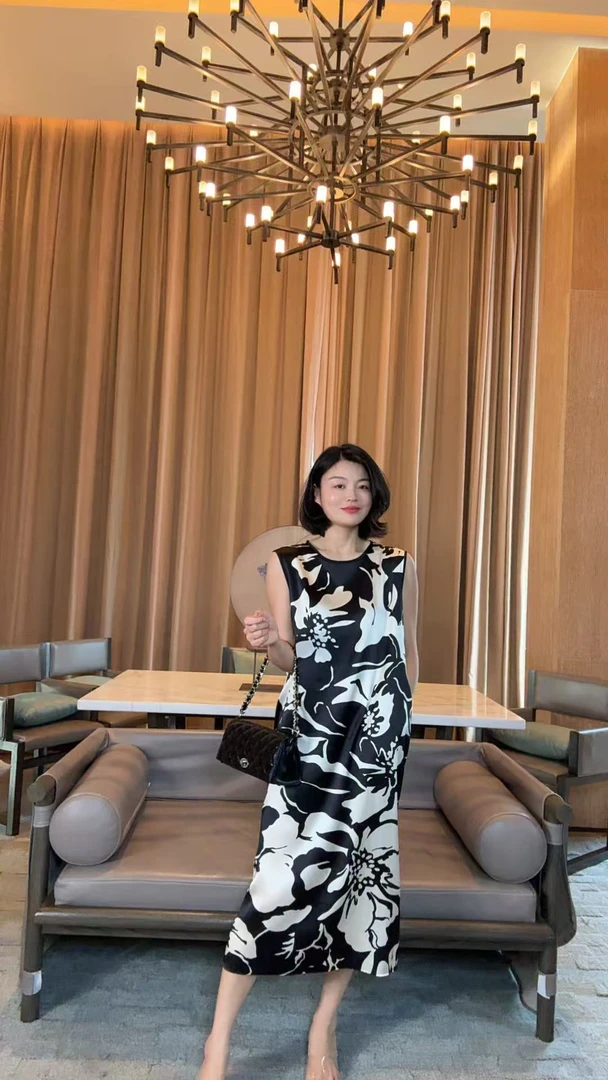 TANTAN  桑蚕丝气质印花无袖连衣裙1559