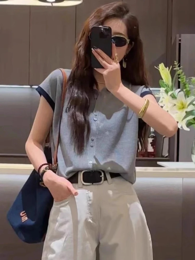 欧货时尚拼色polo领短袖t恤女夏季2025新款百搭洋气冰丝针织上衣