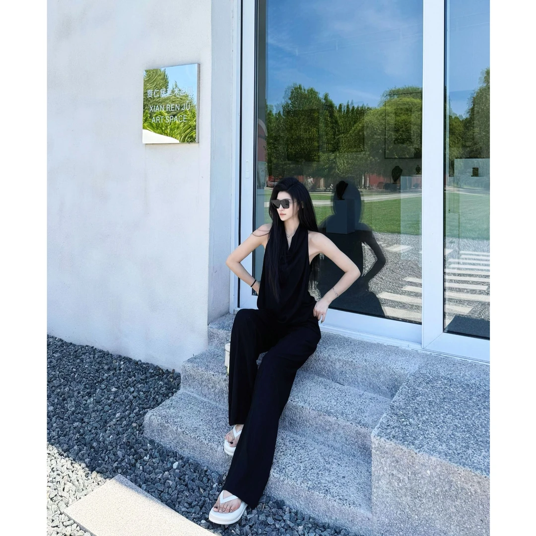 猫猫加长女裤高个子女夏季薄款挂脖上衣两件套装AW9187