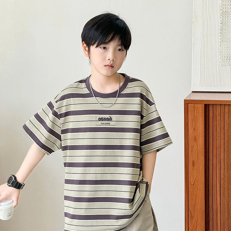 Y8642男童短袖t恤2025新款儿童装夏季经典条纹上衣半袖中圆领体恤
