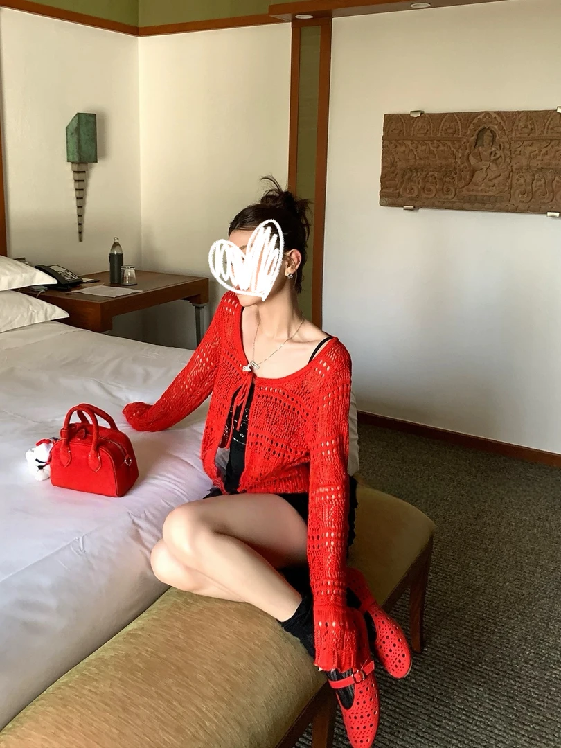 女夏季长袖纯色镂空薄款毛针织衫女装慵懒风港风