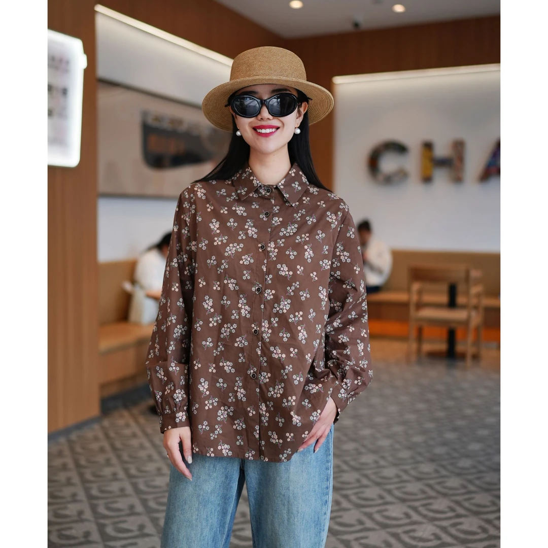 北桔2025春季新款时尚百搭印花衬衣碎花长袖洋气复古休闲衬衫9446