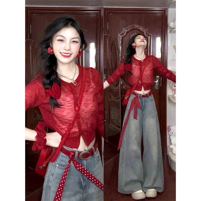 法式漂亮针织衫小众时尚气质碎花上衣2025秋季显瘦宽松阔腿牛仔裤