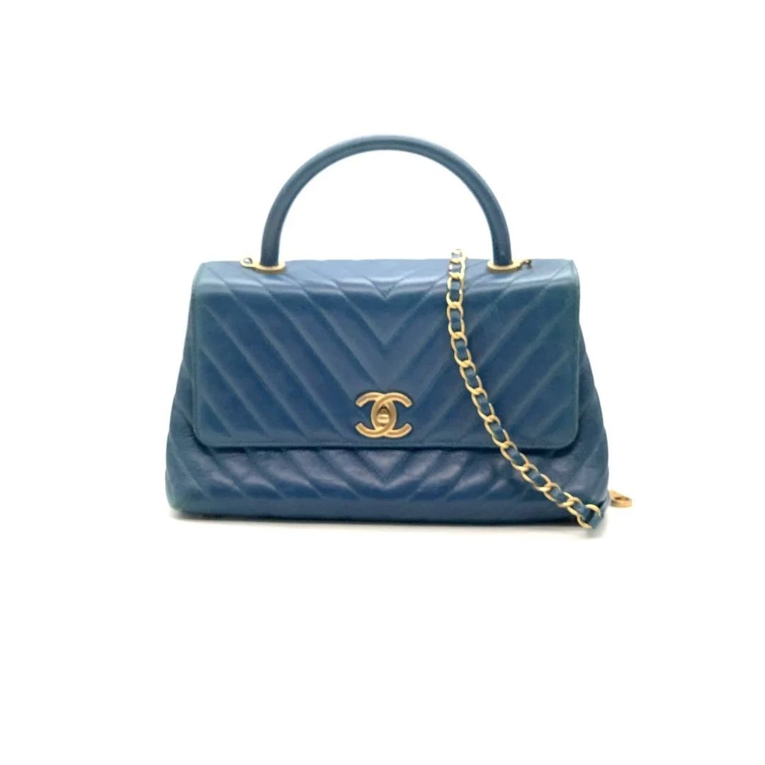 95新 Chanel/香奈儿 蓝色V纹中号coco handle手提包/