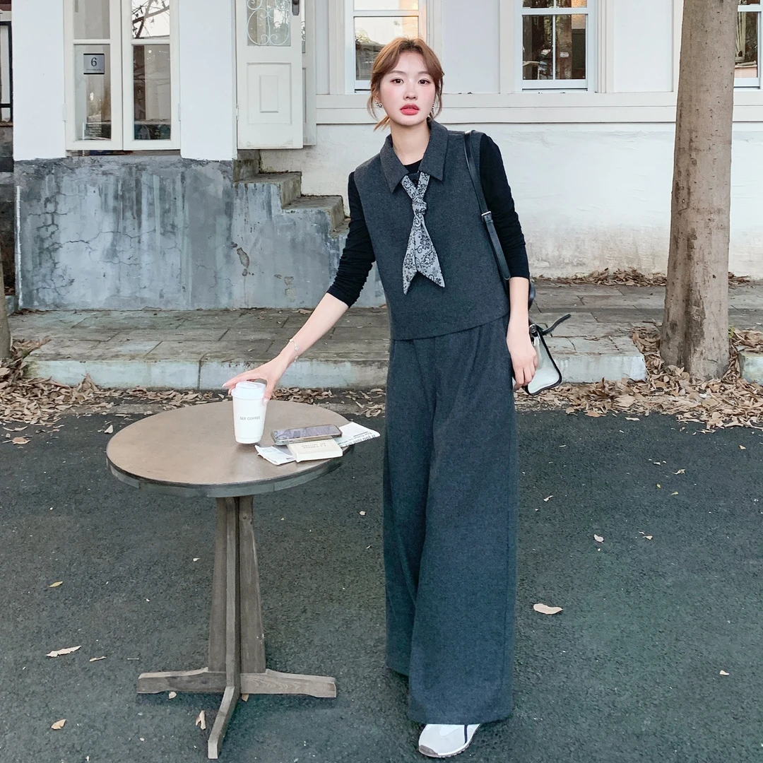 时尚气质感显瘦毛呢套装女2025秋季新款慵懒风背心内搭长裤三件套
