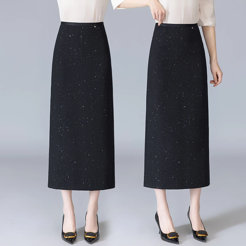 时尚亮片半身裙长款2025新款春秋季后开叉直筒高腰包臀裙长裙子