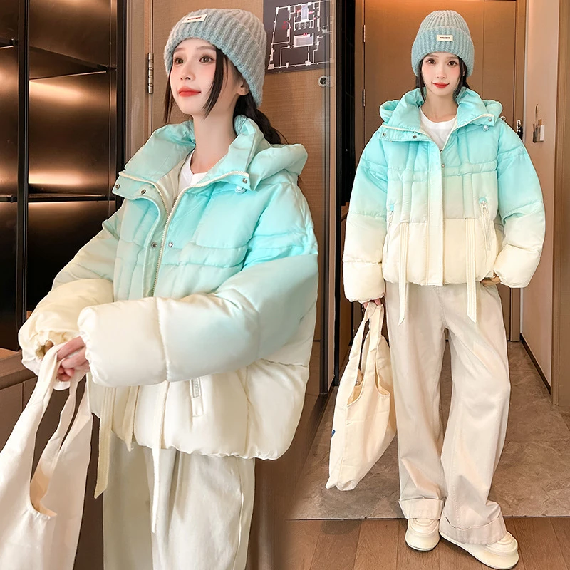 情侣2025新款渐变色服女美式时髦学院连帽宽松棉衣冬装外套加厚