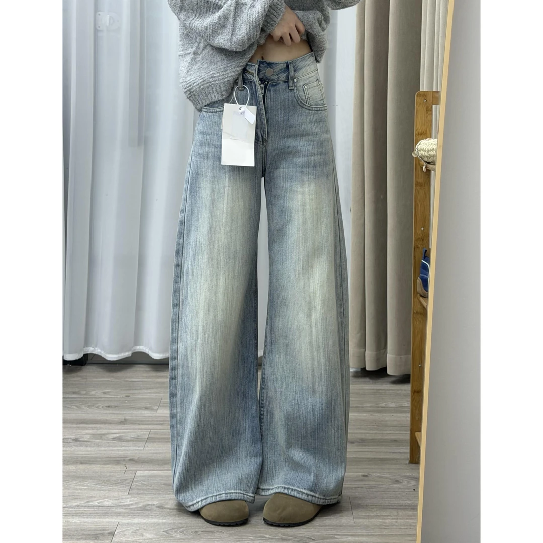 微胖mm复古裂纹水洗脏旧牛仔裤女2025年冬季款显瘦破洞拖地阔腿裤