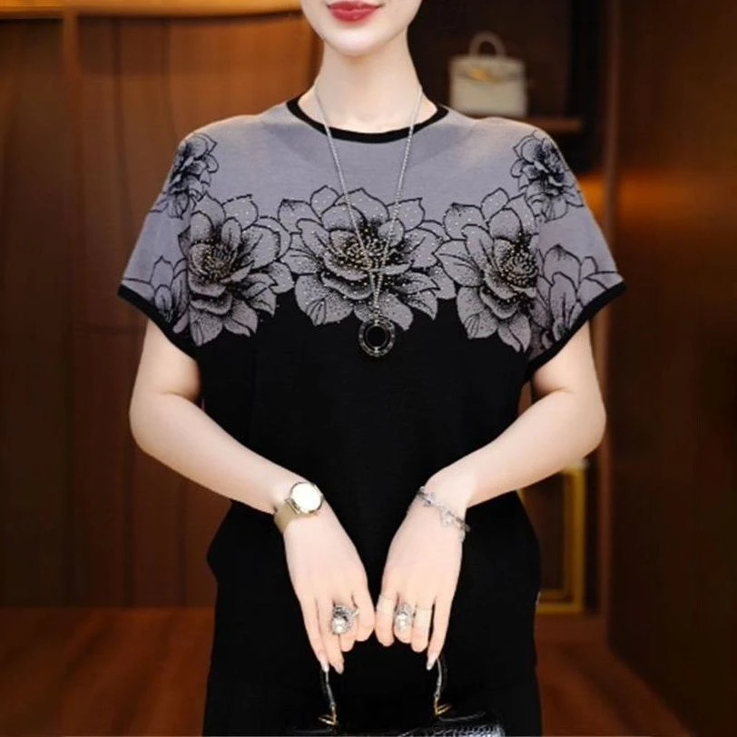 2025新款拼色薄款夏季烫钻毛针织衫大码复古女装薄款中年妈妈上衣