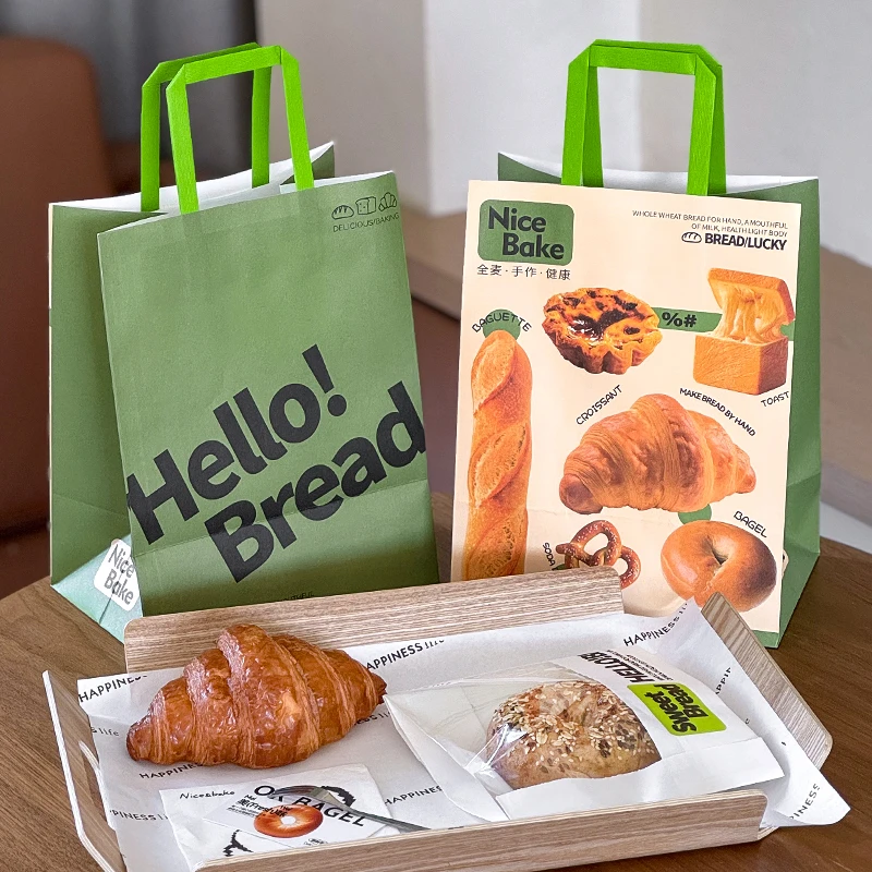 简约英文开窗面包手提袋法棍毛毛虫面包烘焙打包袋开窗防油纸袋子