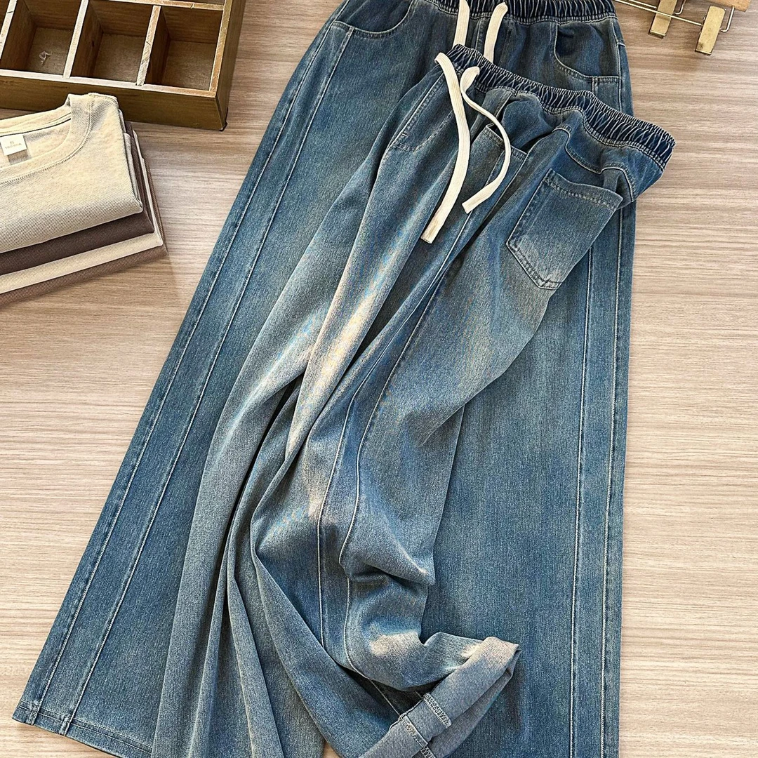 海岛微风轻复古做旧长绒棉水洗弹力柔软亲肤清爽牛仔裤宽松长裤女