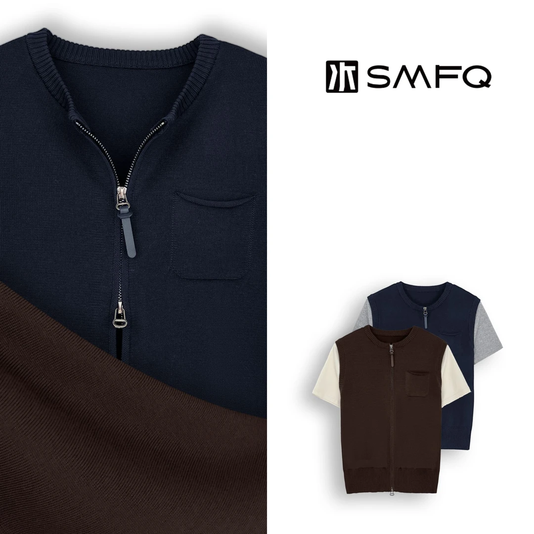 水木夫妻100%莱赛尔拉链圆领撞色假两件拼接针织上衣