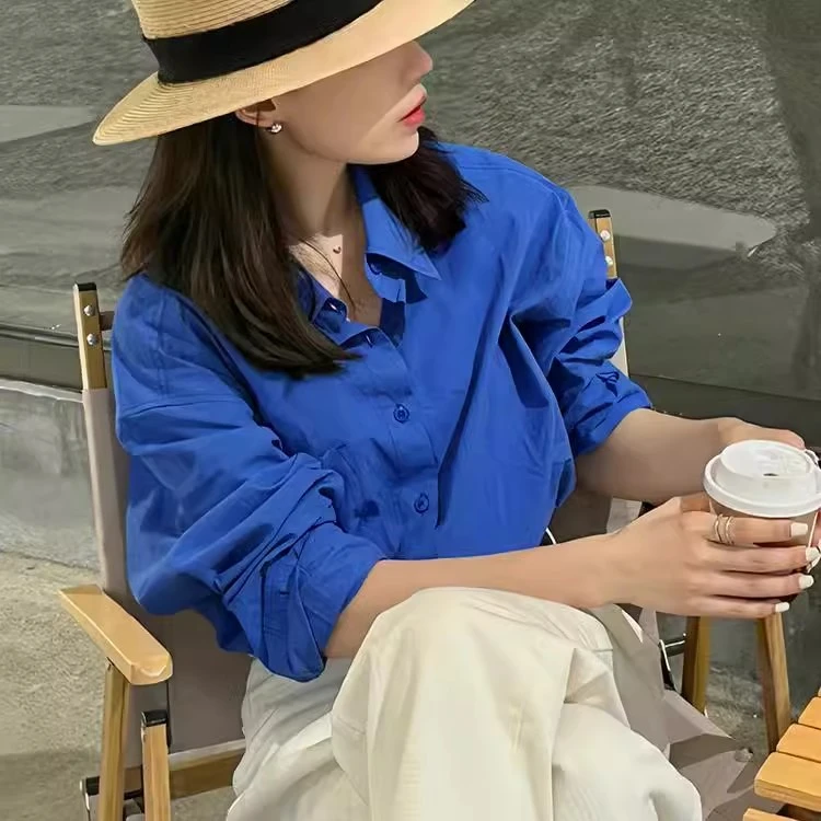 轻奢小众高级感蓝色衬衫女款外穿纯棉休闲法式复古长袖气质上衣