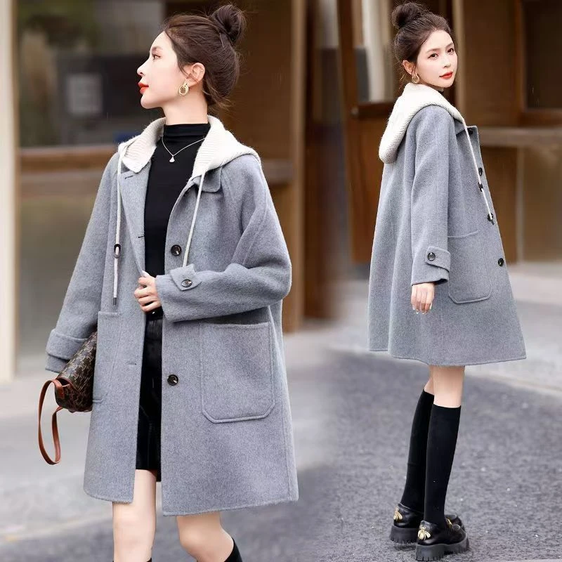 新店只亏100单【现货】秋冬连帽毛呢外套女高档呢子大衣女大码宽