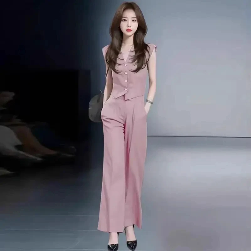 拉夏贝尔洋气套装女2025夏季新款V领无袖上衣阔腿裤气质两件套潮