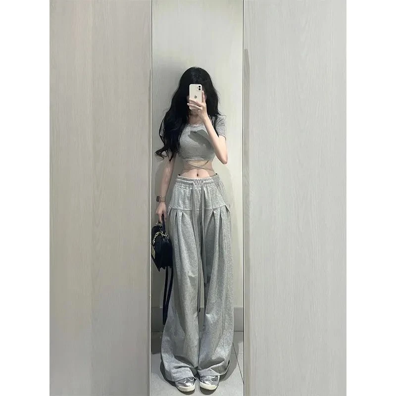 夏季新款宽松短袖上衣高腰拖地阔腿裤纯色潮流青年显瘦辣味套装韩