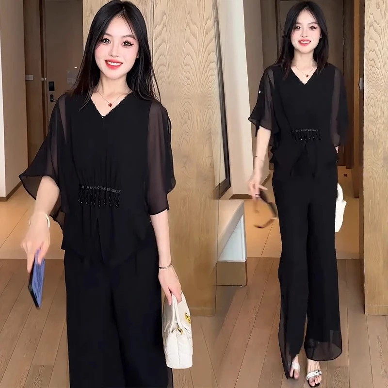 时尚套装女2025夏季新款洋气显瘦气质短袖上衣阔腿裤两件套潮