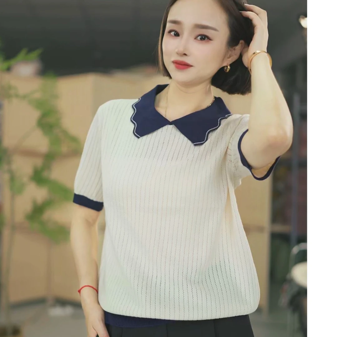 A40【家同】新款娃娃领洋气减龄显瘦时尚针织衫女士t恤短袖薄款