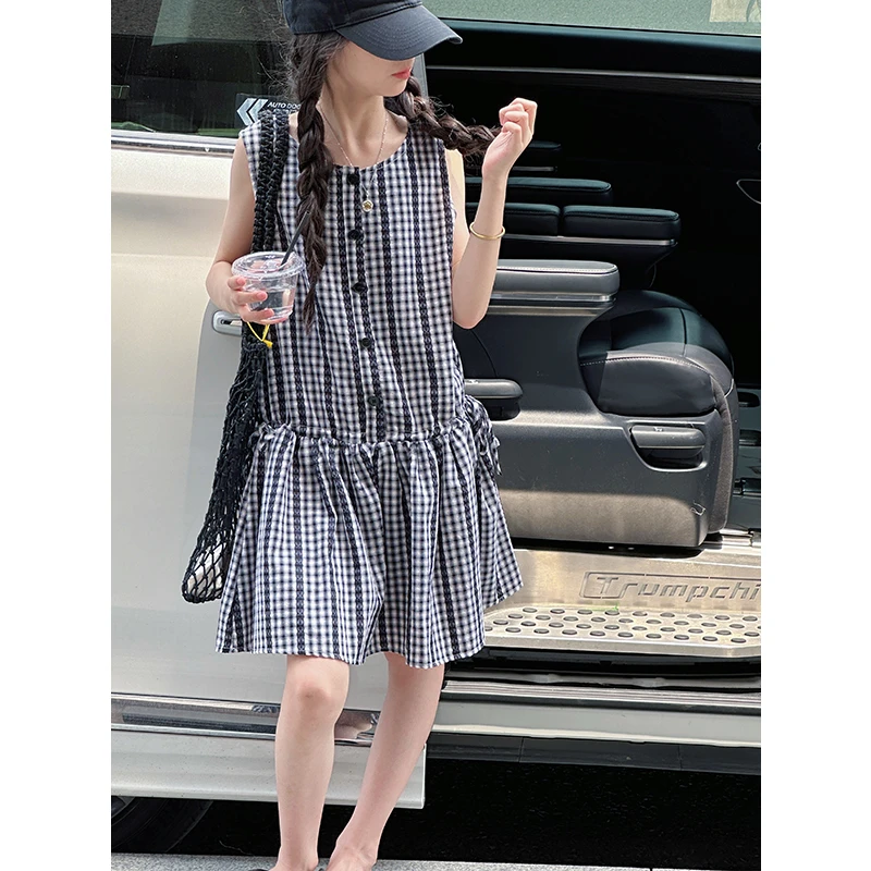 K29273孙小美蕾丝格子女童连衣裙2025夏装儿童蓬蓬裙子背心裙