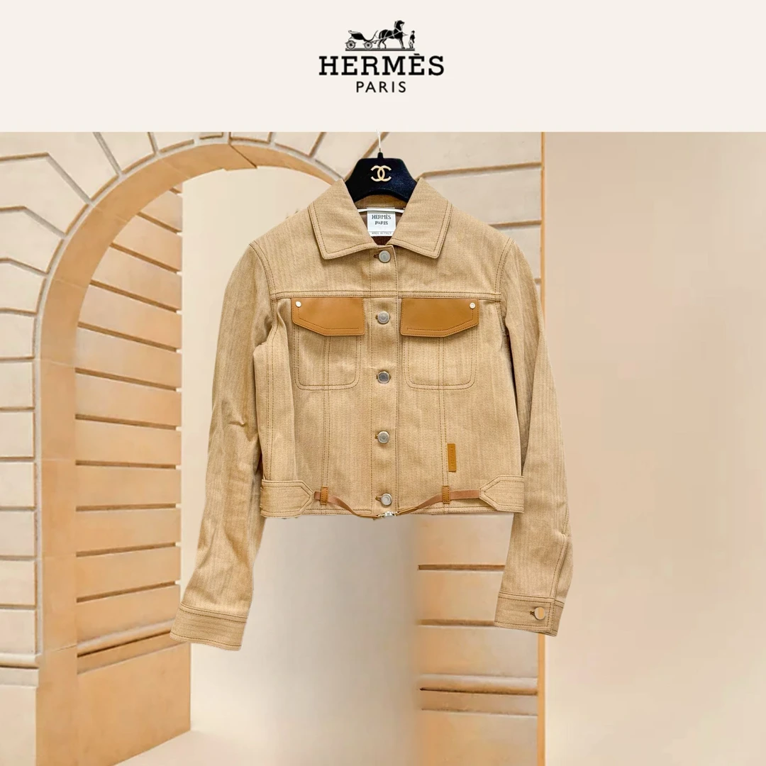 99新 Hermes/爱马仕 36码24春夏卡其色帆布拼皮短款外套
