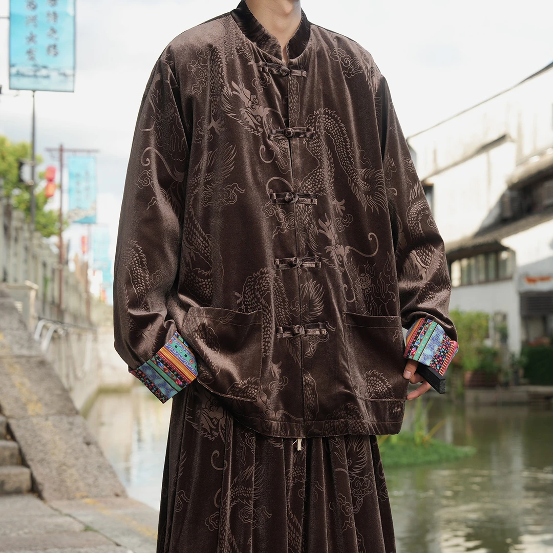 新中式青年潮牌唐装男款高级感金丝绒汉服外套大码宽松民族风夹克
