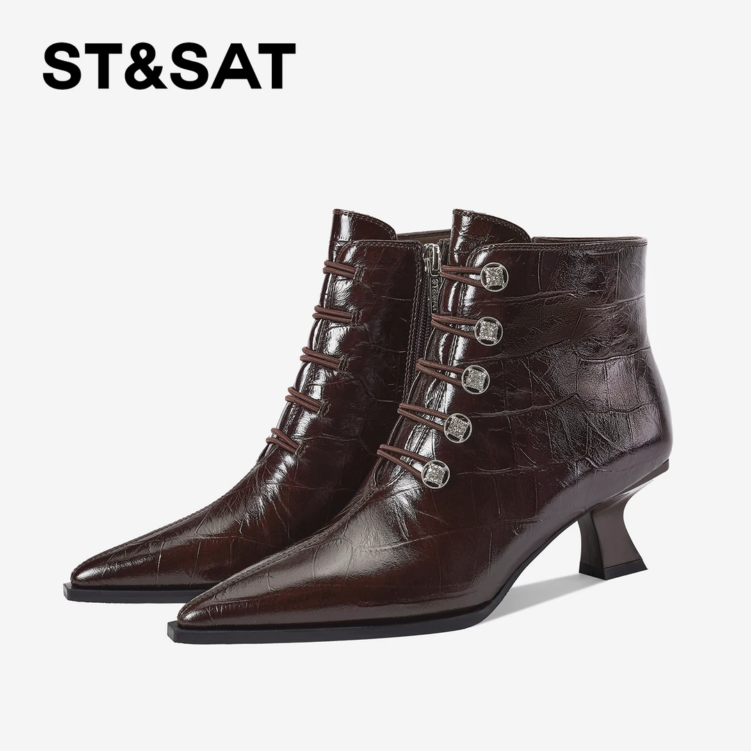 St&Sat/星期六秋冬英伦风尖头短靴粗跟靴子百搭气质洋气时装靴