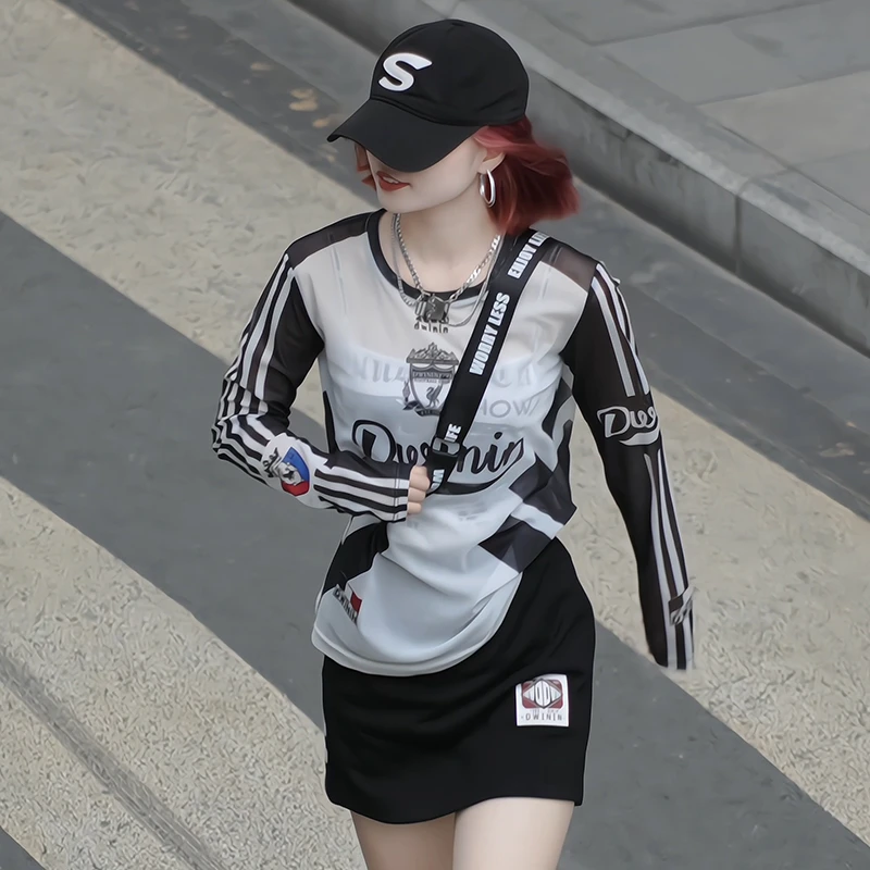 夏季设计感网纱长袖T恤女遮阳防晒凉感透气轻薄夏季上衣IN1009