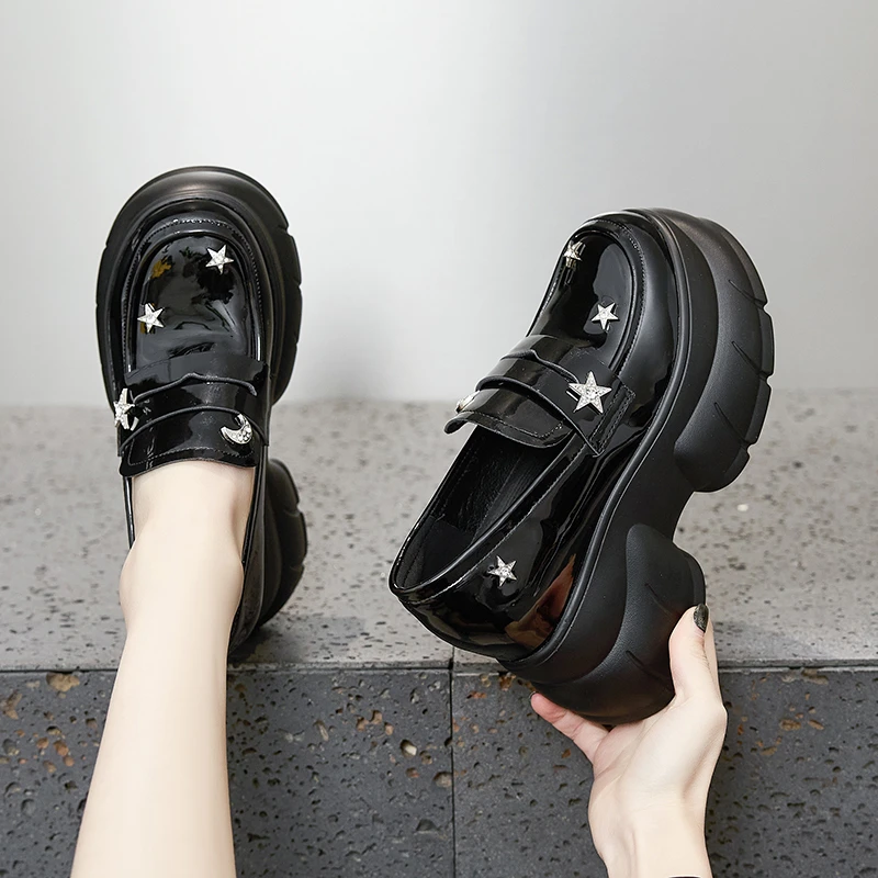 10cm超高跟松糕厚底小个子内增高休闲JK套脚乐福鞋女春季新款单鞋