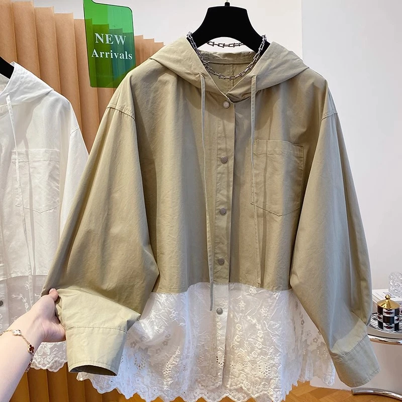 设计感下摆蕾丝拼接长袖连帽衬衫外套女装早春新款百搭休闲衬衣潮