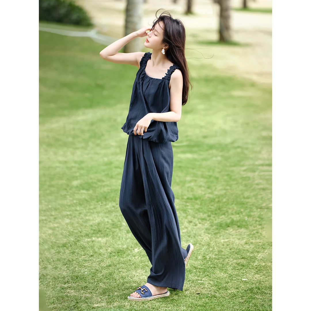 沫晗依美轻盈无袖背心+长裤套装2025夏新款法式花边无袖套装女