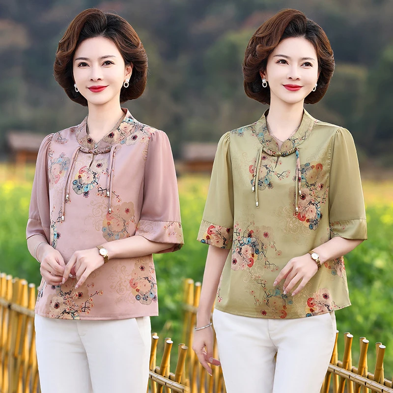 新款中年妈妈上衣时尚国风盘扣衬衫女打底衫夏七分袖T恤小衫