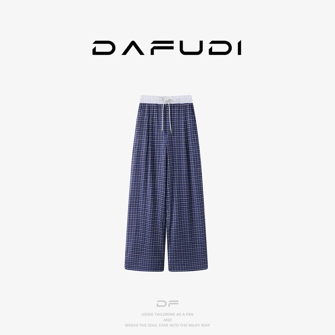 2025春季新品设计师款复古松弛感蓝格纹长裤A5364