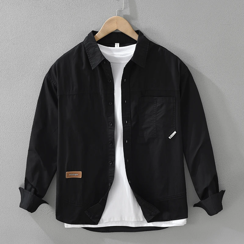 8893日系复古工装纯色长袖衬衫男士时尚百搭文艺休闲宽松上衣外套