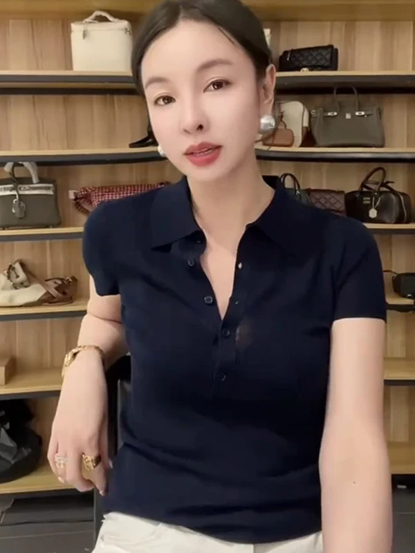 2025夏季新款极简老钱风高级休闲百搭显瘦polo领薄款短袖T恤上衣