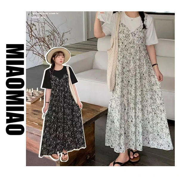 3281-大码女装小清新碎花A版显瘦假两件连衣裙100斤-210斤