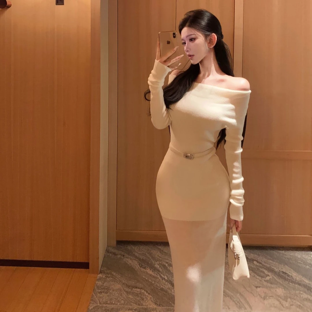 针织法式气质一字收腰春秋新款连衣裙长裙长款修身显瘦开叉裙子女