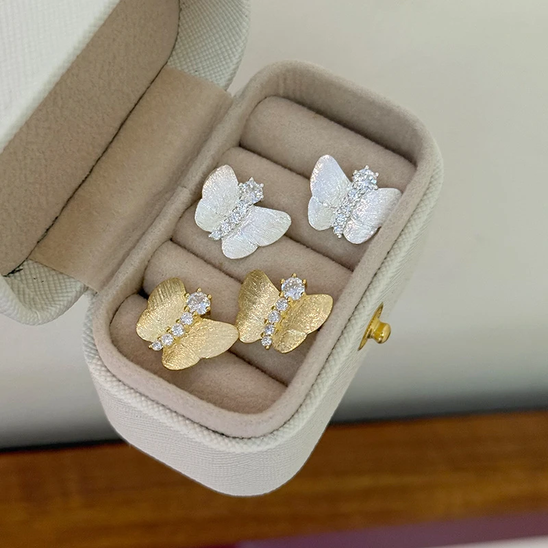 925银合成锆石耳饰 925纯银拉丝蝴蝶耳钉女重工大气镶钻时尚个性