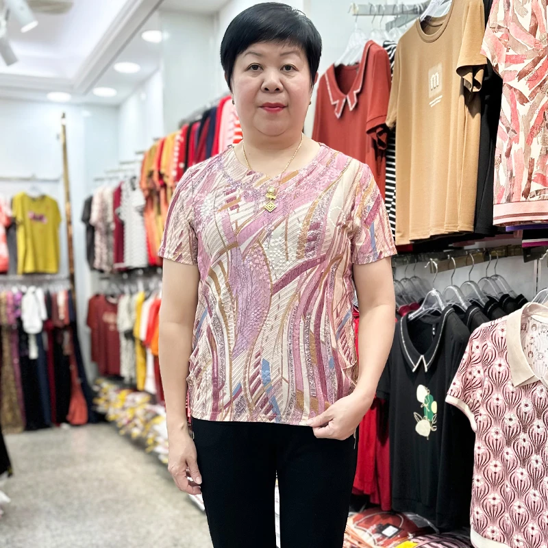 夏装新款妈妈冰丝圆领小衫碎花短袖T恤中老年女装奶奶婆婆上衣服