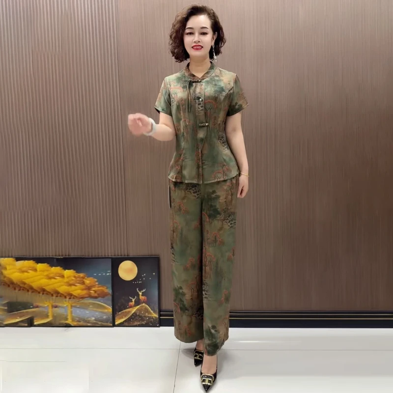 休闲两件套夏季衬衫中老年妈妈国风短袖旗袍上衣气质阔腿裤套装女