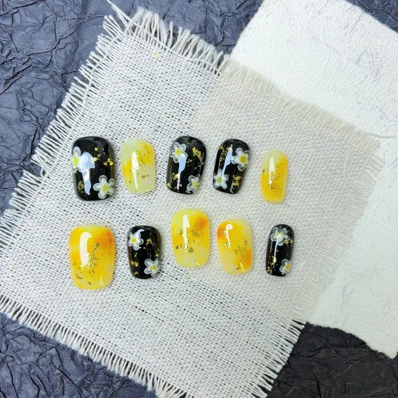 《琥珀繁花》气质琥珀晕染黑色高级手绘花朵纯手工穿戴甲8944