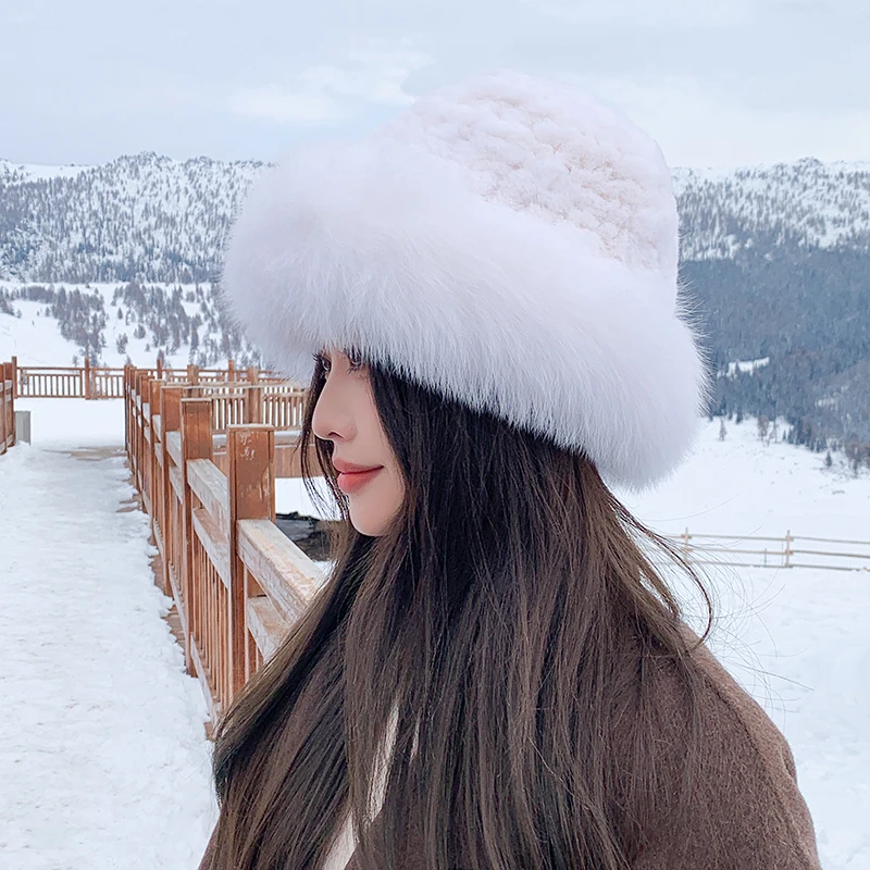 皮草帽子渔夫帽冬韩版女士秋冬新款獭兔毛编织配狐狸毛边保暖潮搭