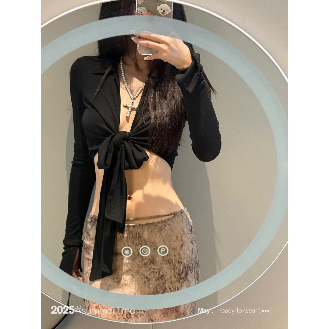 SUNONEONE 莱赛尔蝴蝶结系带防晒T恤女夏辣妹显瘦长袖上衣H1138C