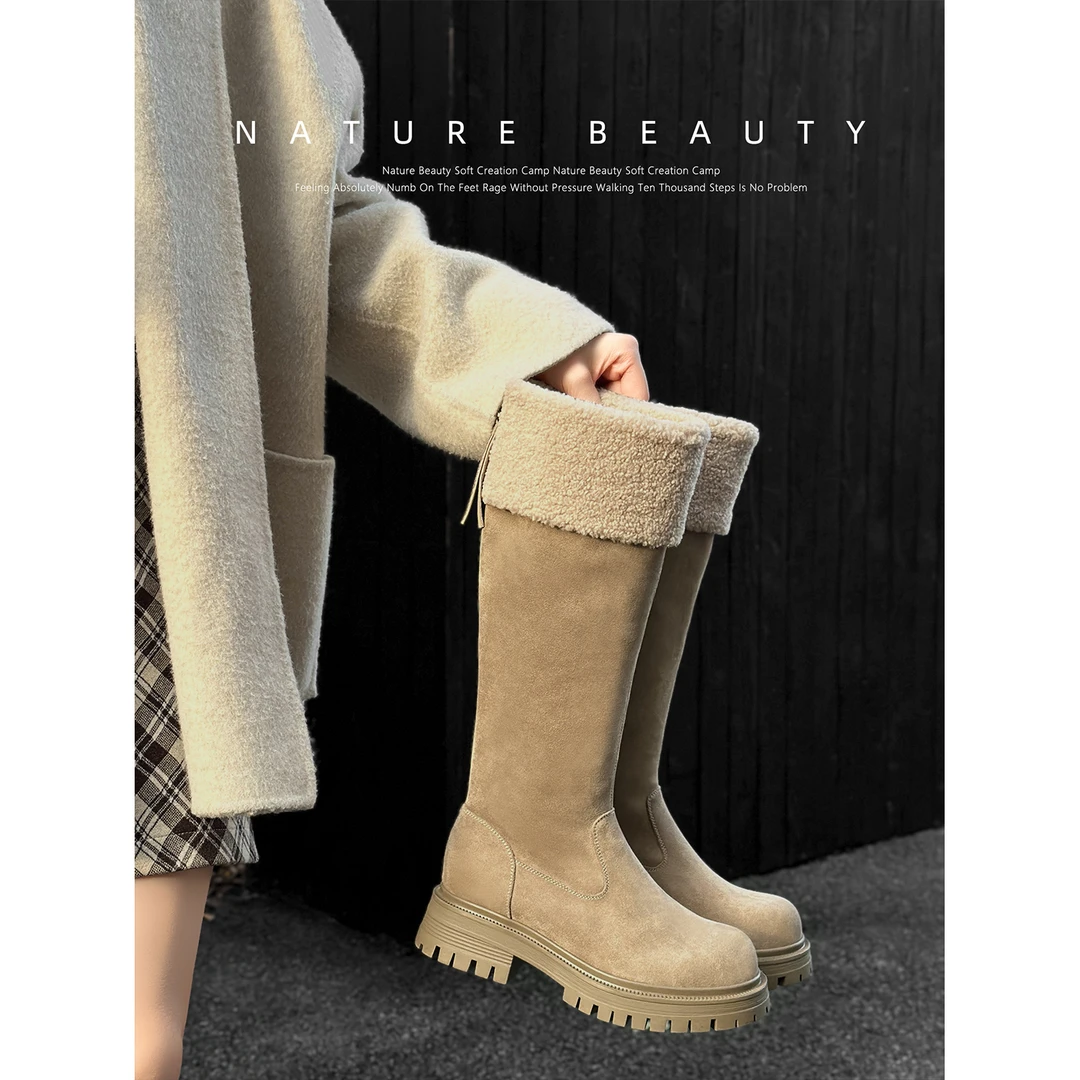 自然卷长筒雪地靴2025冬季粗跟靴子加厚保暖后拉链复古骑士靴棉靴