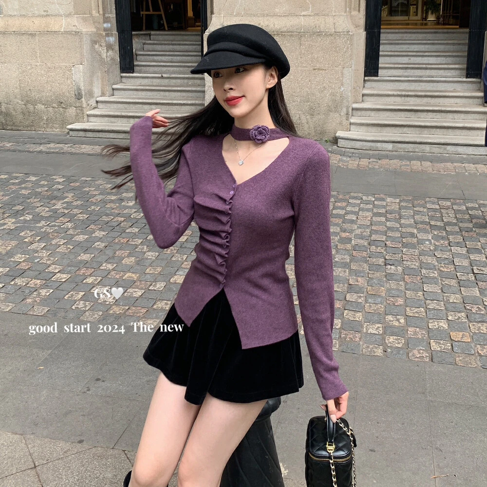 绝绝紫法式挂脖花朵针织衫修身褶皱纯欲感V领长袖女上衣#S6711