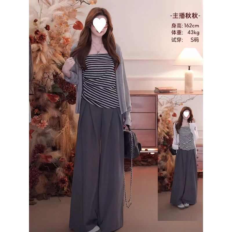 显瘦高腰时尚休闲夏季条纹女装针织上衣|2025夏季高级感灰色棉氨